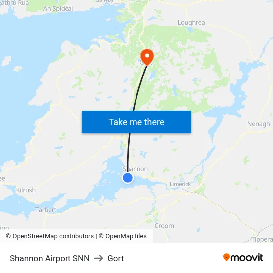 Shannon Airport SNN to Gort map