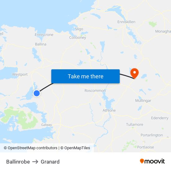 Ballinrobe to Granard map