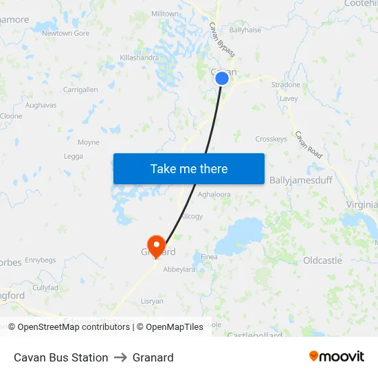 Cavan Bus Station to Granard map