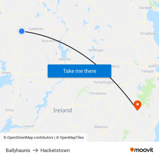 Ballyhaunis to Hacketstown map