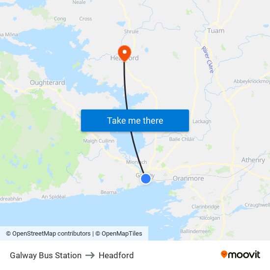 Galway Bus Station to Headford map