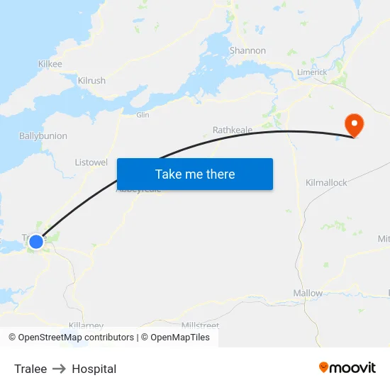 Tralee to Hospital map