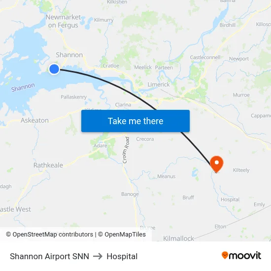 Shannon Airport SNN to Hospital map