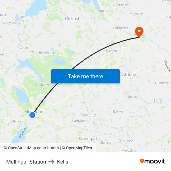 Mullingar Station to Kells map