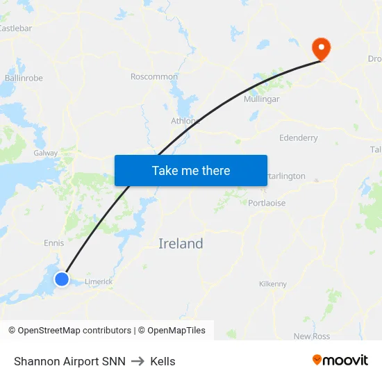 Shannon Airport SNN to Kells map