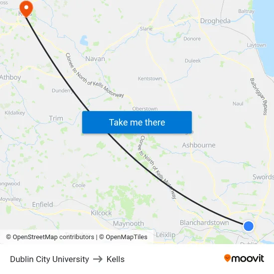 Dublin City University to Kells map