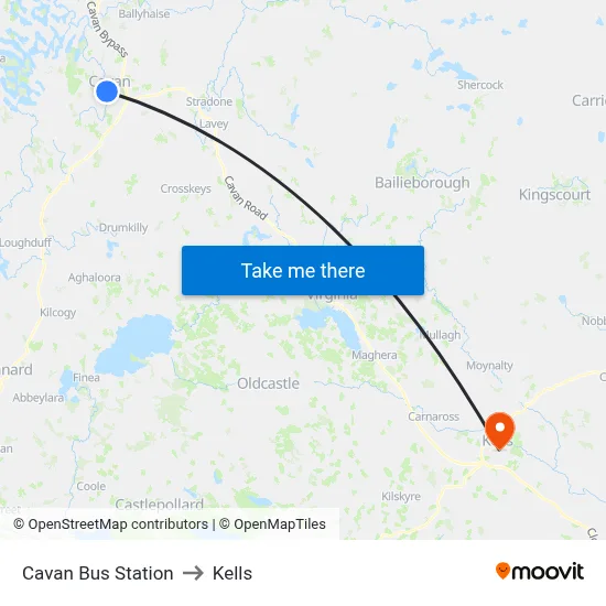 Cavan Bus Station to Kells map