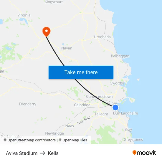 Aviva Stadium to Kells map