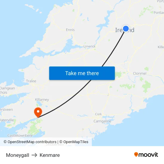 Moneygall to Kenmare map