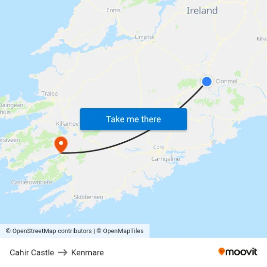 Cahir Castle to Kenmare map