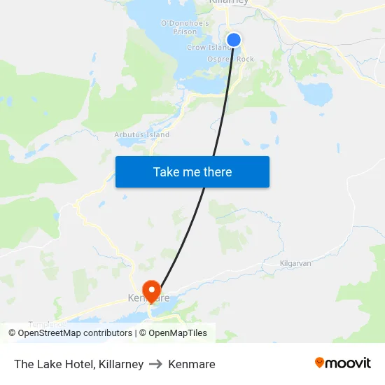 The Lake Hotel, Killarney to Kenmare map