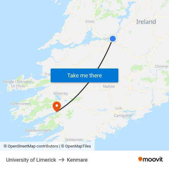 University of Limerick to Kenmare map