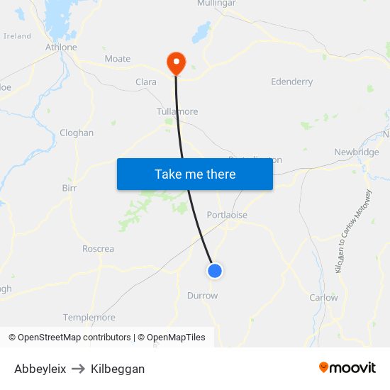 Abbeyleix to Kilbeggan map