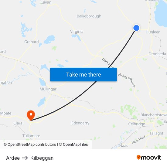 Ardee to Kilbeggan map