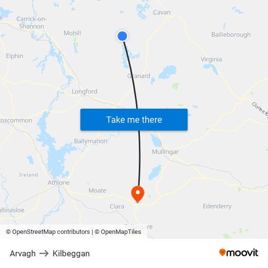 Arvagh to Kilbeggan map