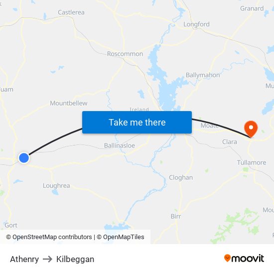 Athenry to Kilbeggan map