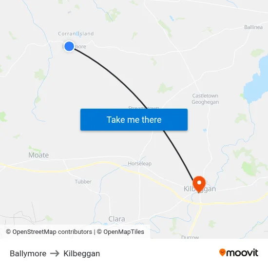 Ballymore to Kilbeggan map