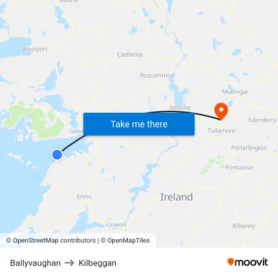 Ballyvaughan to Kilbeggan map