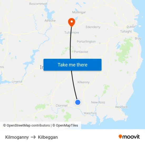 Kilmoganny to Kilbeggan map
