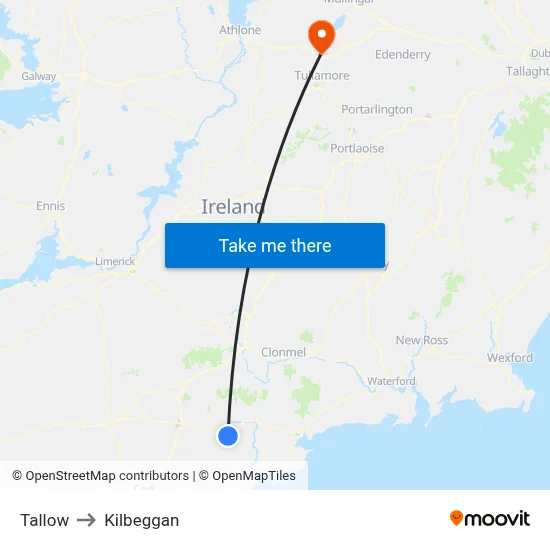 Tallow to Kilbeggan map