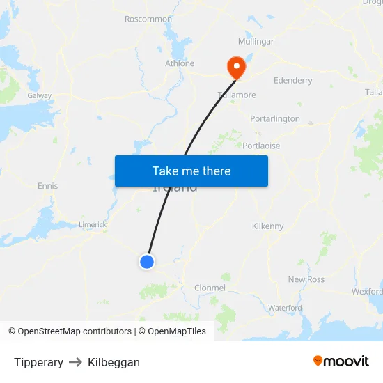 Tipperary to Kilbeggan map