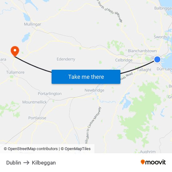 Dublin to Kilbeggan map