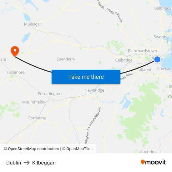 Dublin to Kilbeggan map