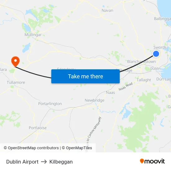 Dublin Airport to Kilbeggan map