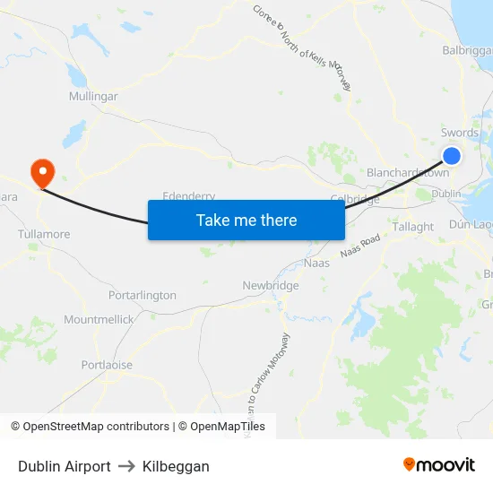 Dublin Airport to Kilbeggan map