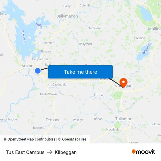 Tus East Campus to Kilbeggan map