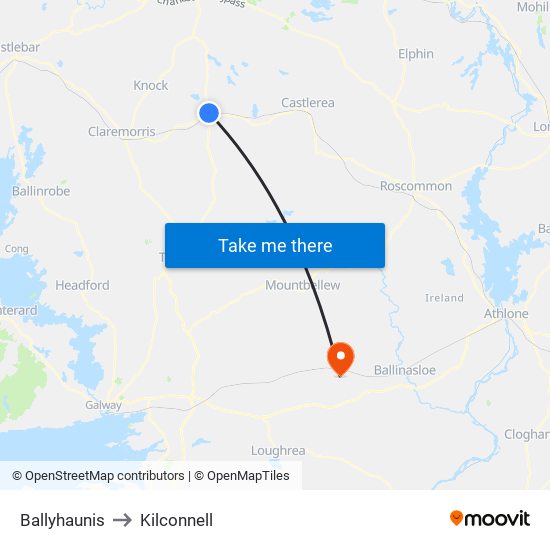 Ballyhaunis to Kilconnell map