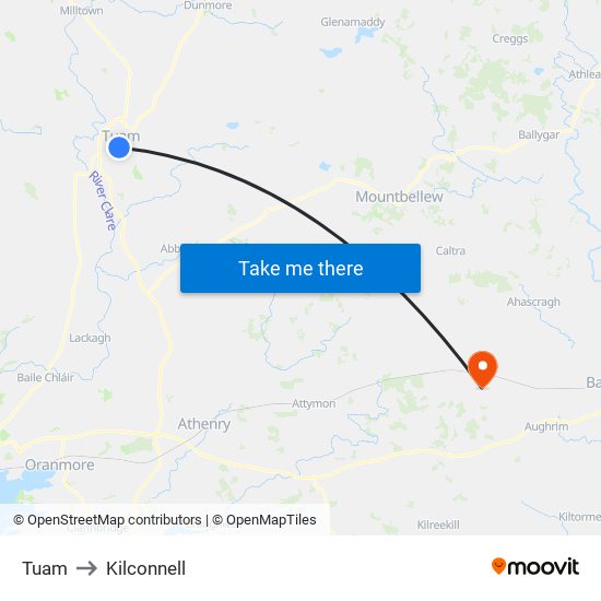 Tuam to Kilconnell map