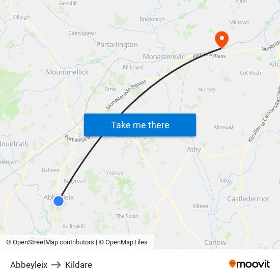 Abbeyleix to Kildare map