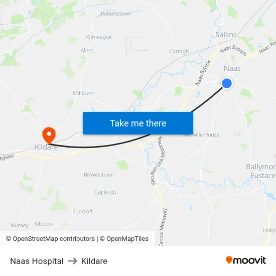 Naas Hospital to Kildare map