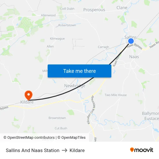 Sallins And Naas Station to Kildare map