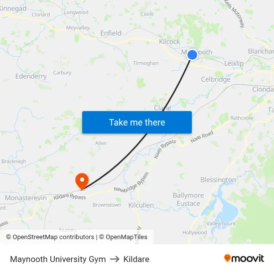 Maynooth University Gym to Kildare map