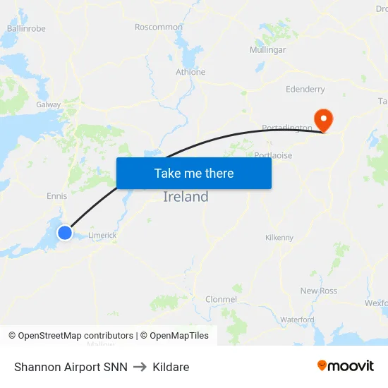 Shannon Airport SNN to Kildare map