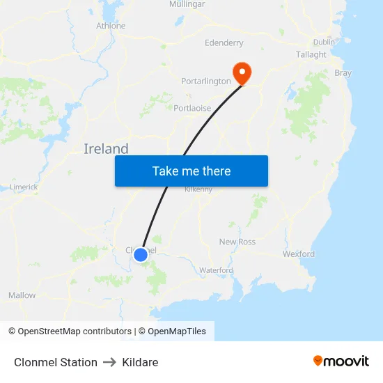 Clonmel Station to Kildare map