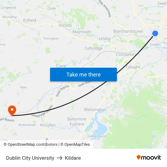Dublin City University to Kildare map