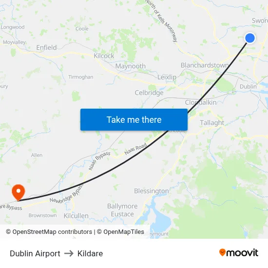 Dublin Airport to Kildare map