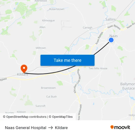 Naas General Hospital to Kildare map