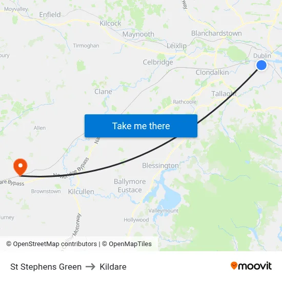 St Stephens Green to Kildare map