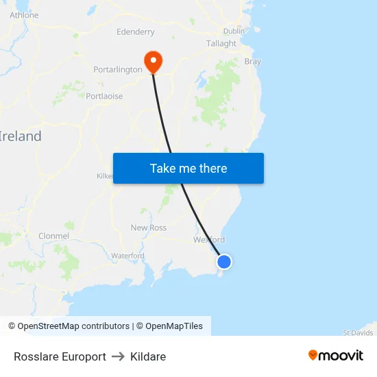 Rosslare Europort to Kildare map