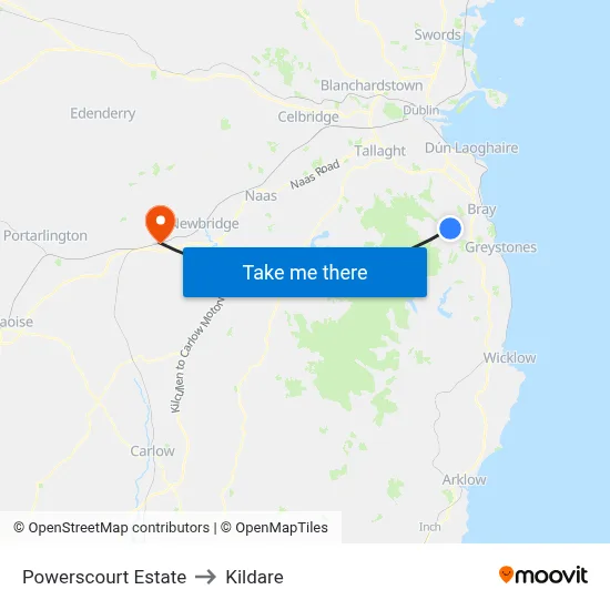 Powerscourt Estate to Kildare map