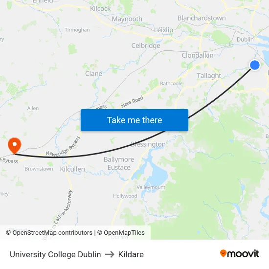 University College Dublin to Kildare map