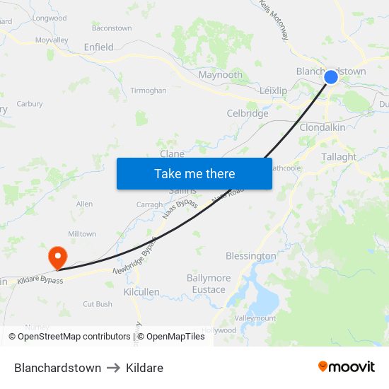 Blanchardstown to Kildare map