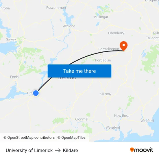 University of Limerick to Kildare map