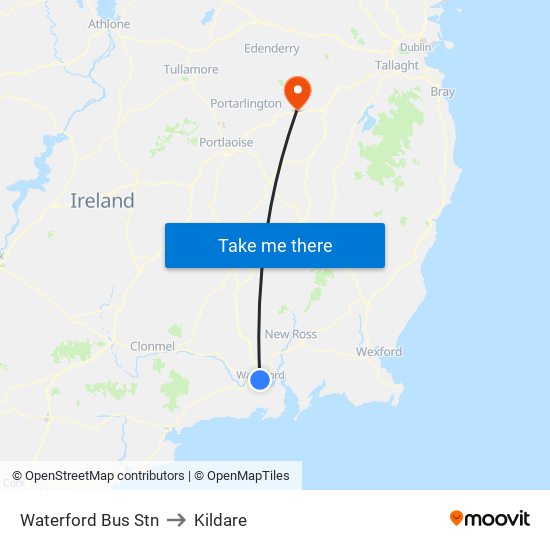 Waterford Bus Stn to Kildare map