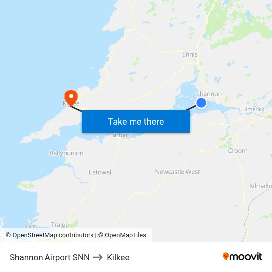 Shannon Airport SNN to Kilkee map