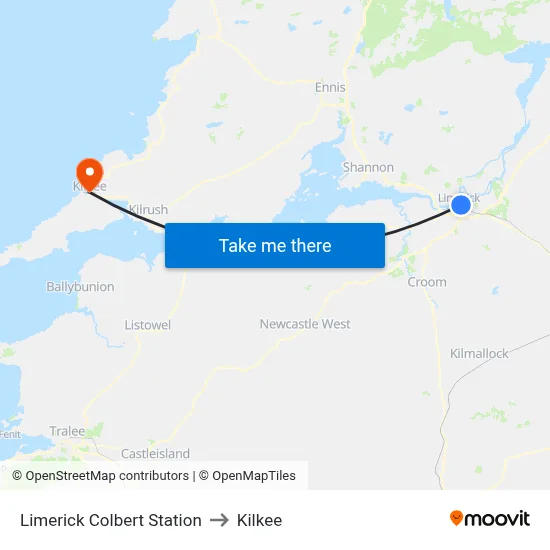 Limerick Colbert Station to Kilkee map